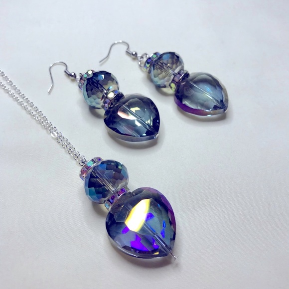 Blue Crystal Heart S925 Silver Chain Necklace Drop Earrings Jewelry Set handmade - Picture 2 of 3